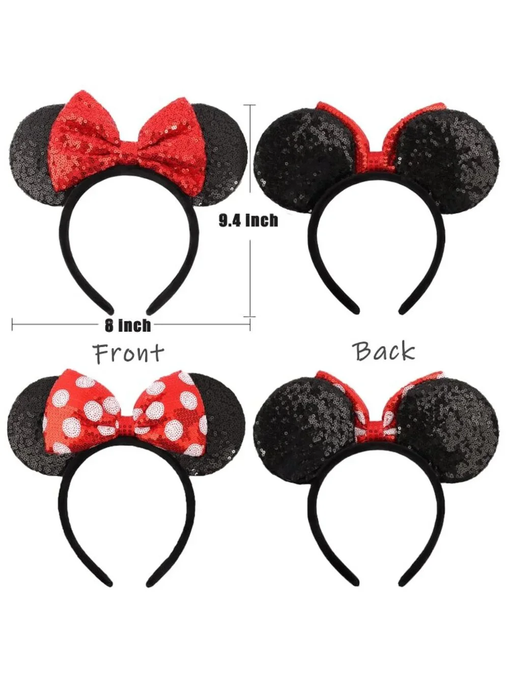 Women Black Red Sparkly Sequin Mickey Mouse Costume Headband For Cosplay 2PCS